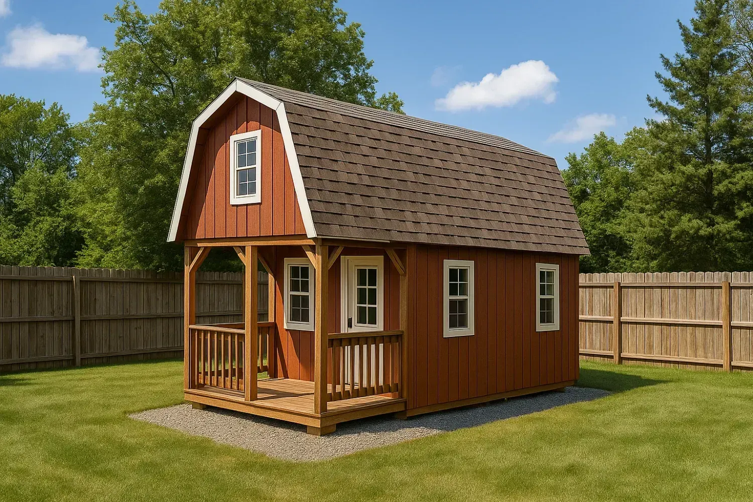 Premium lofted-barn custom shed with covered porch in a Tampa Bay backyard