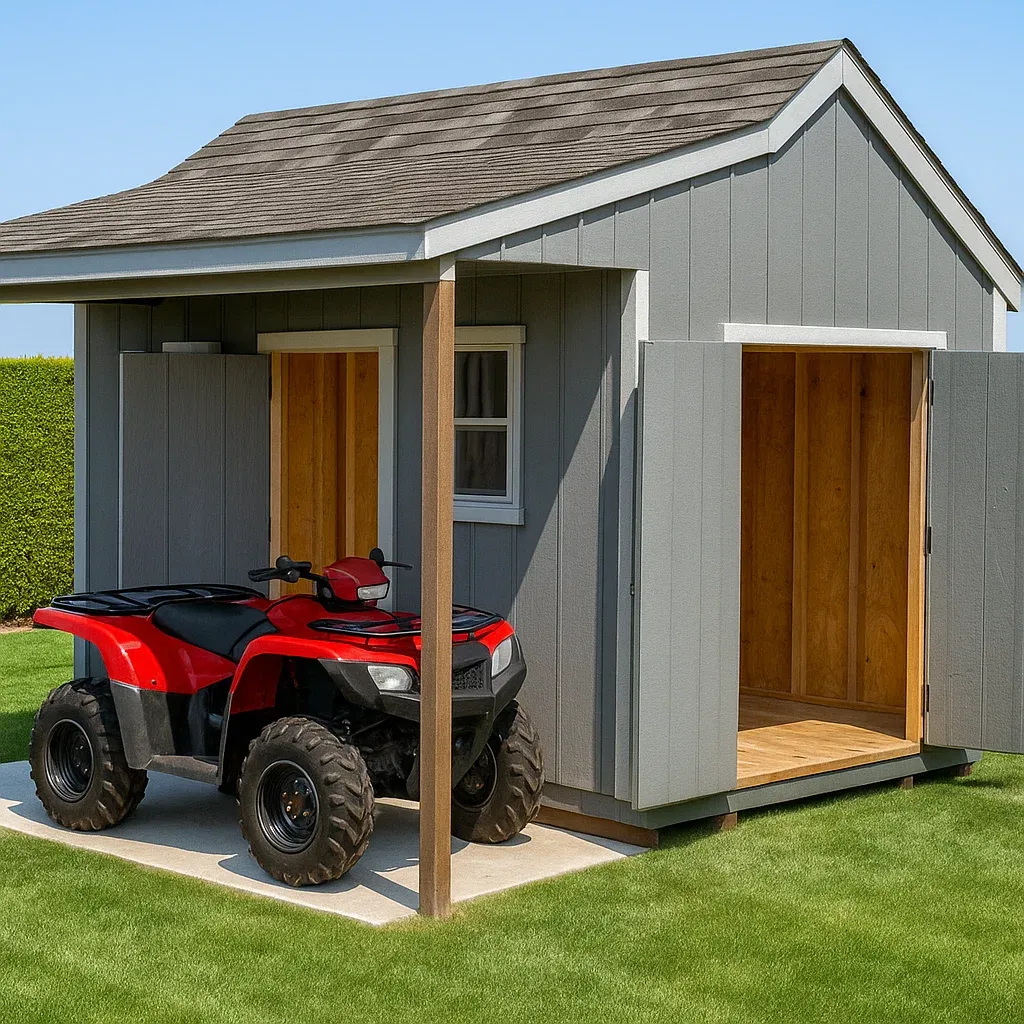 Gray custom workshop shed with ATV parked under the overhang