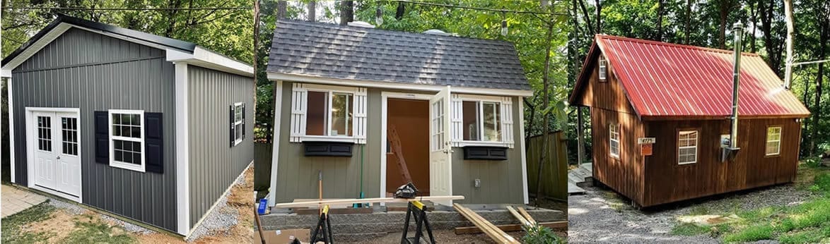 Three custom-built Handy Andy sheds: gray gable, gray cottage with shutters, and cedar cabin with red metal roof